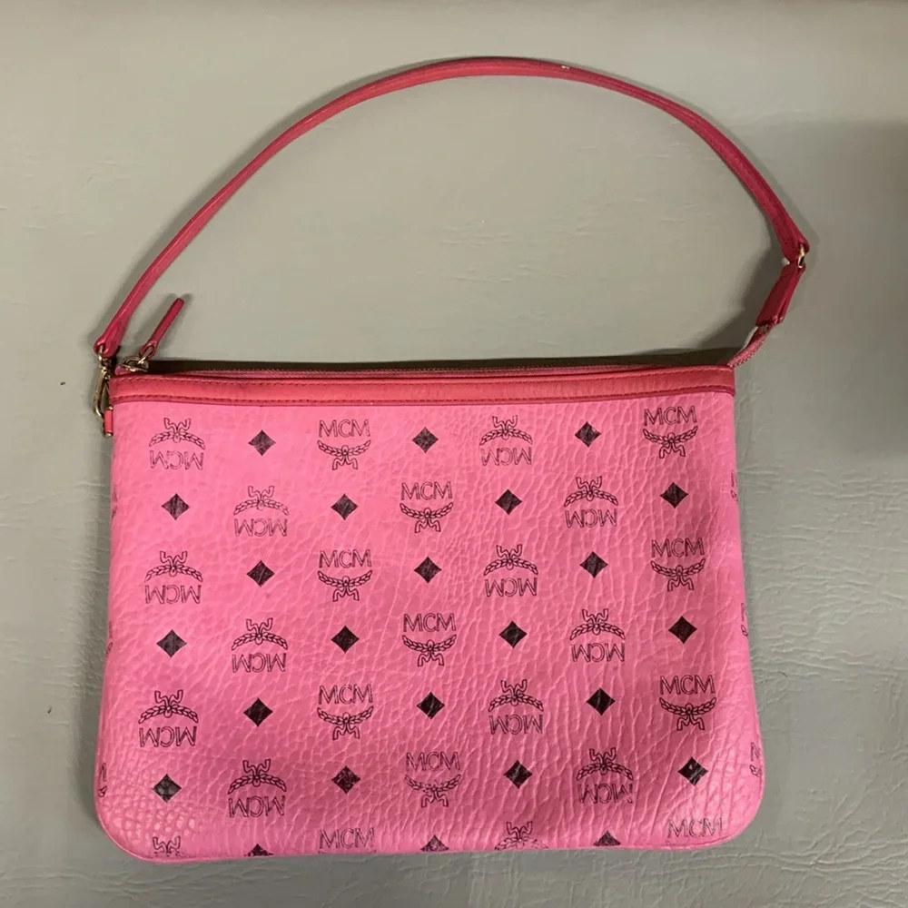 MCM Dark Pink Leather Visetos Large Pouchette Shoulder Bag Wristlet - Picture 2 of 12